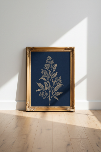 navy botanical print | Minimalist line art, deep blue | Living room decor