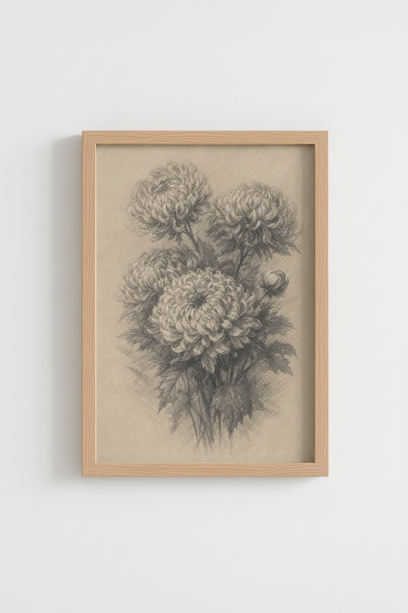 Botanical Pencil Art | Vintage Floral Monochrome, Living Room Decor