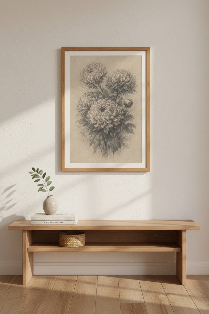 Botanical Pencil Art | Vintage Floral Monochrome, Living Room Decor