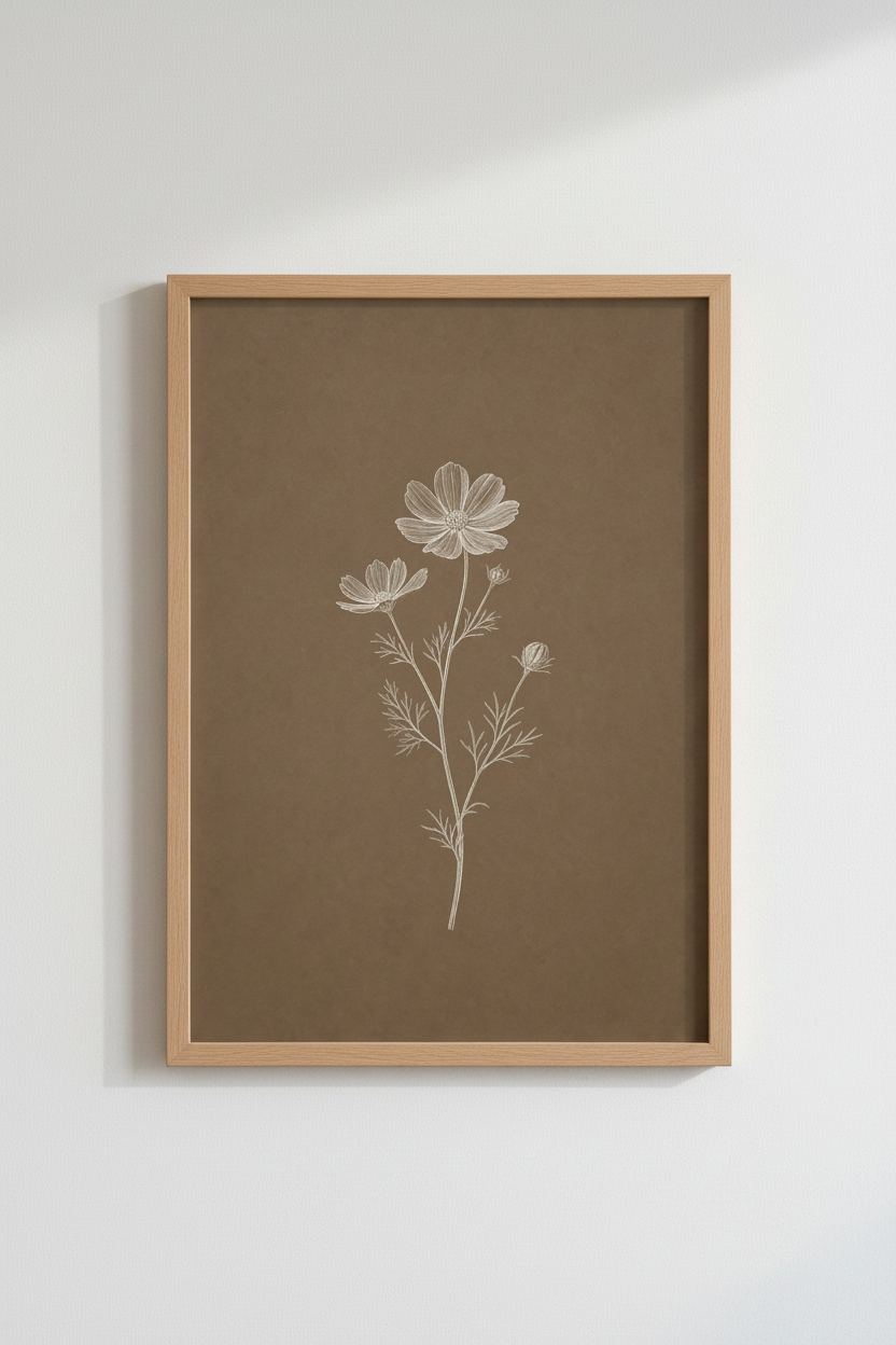 Botanical Wildflower Sketch | Minimalist Brown Floral Art, Bedroom Living Room Poster