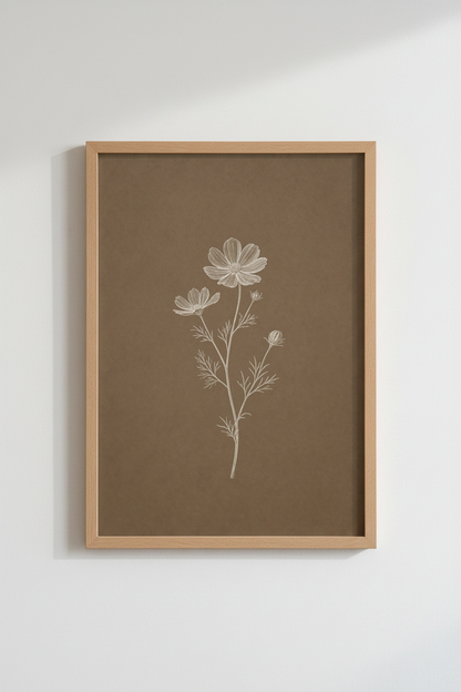 Botanical Wildflower Sketch | Minimalist Brown Floral Art, Bedroom Living Room Poster