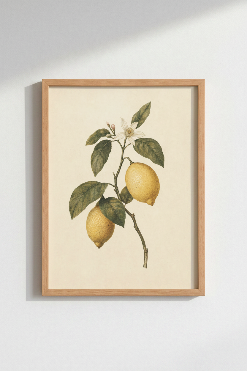 Lemon Botanical Wall Art Print | Vintage Citrus Kitchen Decor | Farmhouse Poster