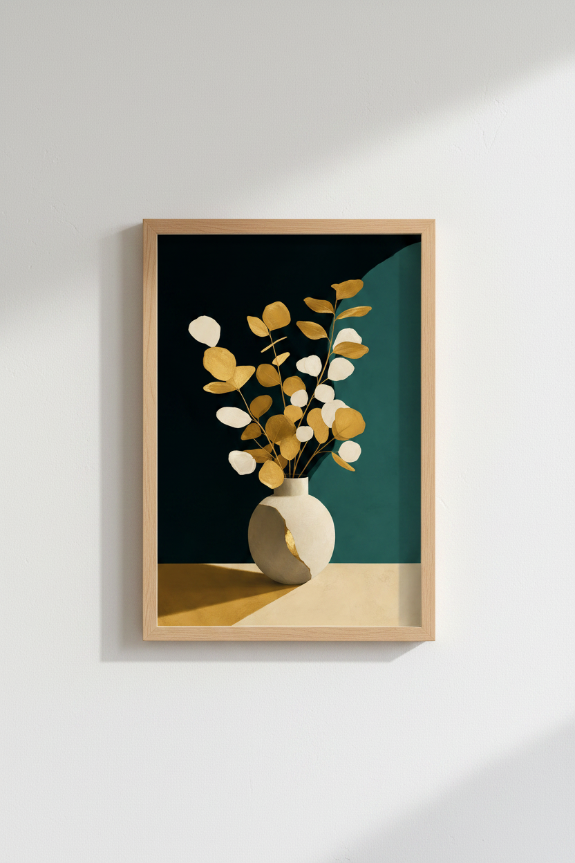 Gold Leaf Wall Art | Abstract Botanical, Teal Accents | Living Room Decor