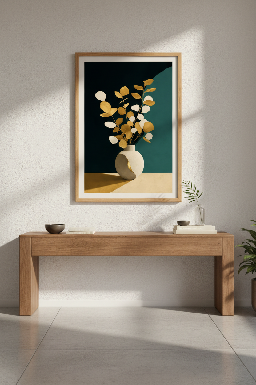 Gold Leaf Wall Art | Abstract Botanical, Teal Accents | Living Room Decor