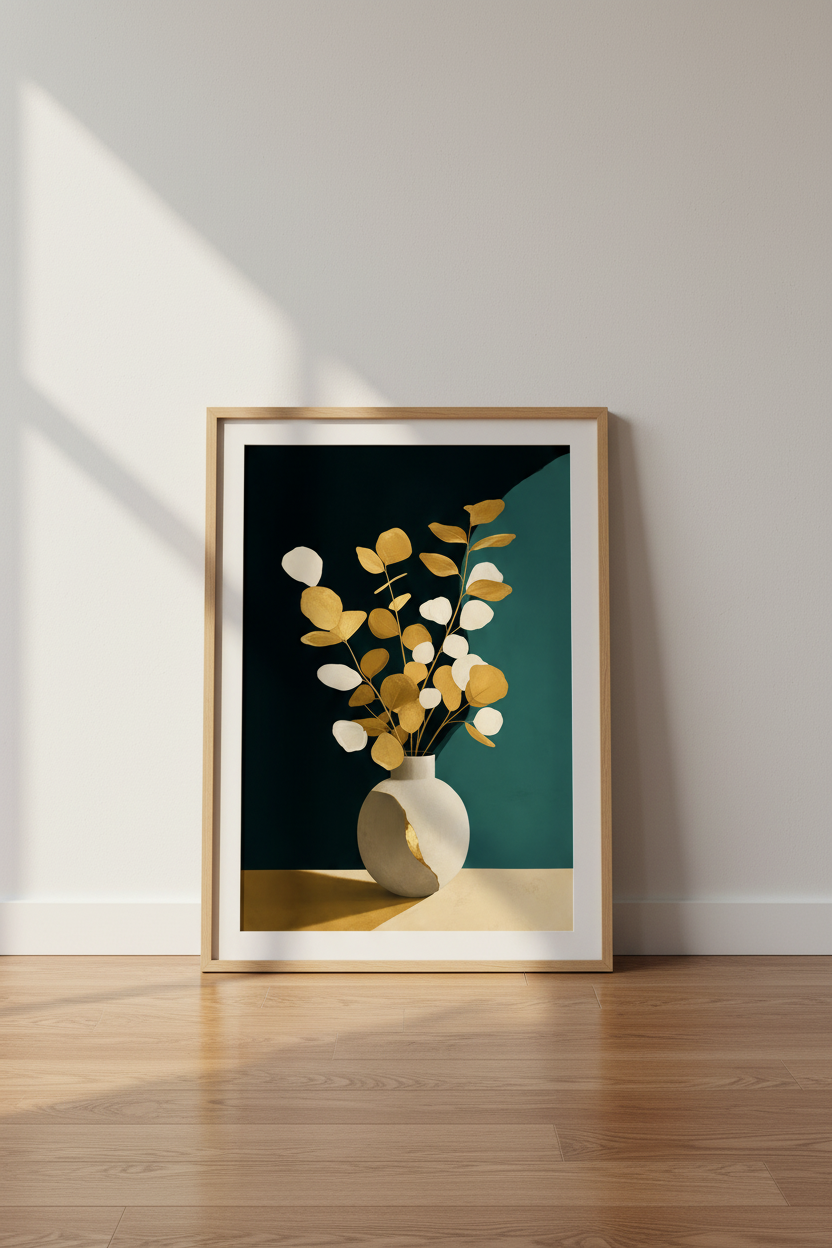 Gold Leaf Wall Art | Abstract Botanical, Teal Accents | Living Room Decor