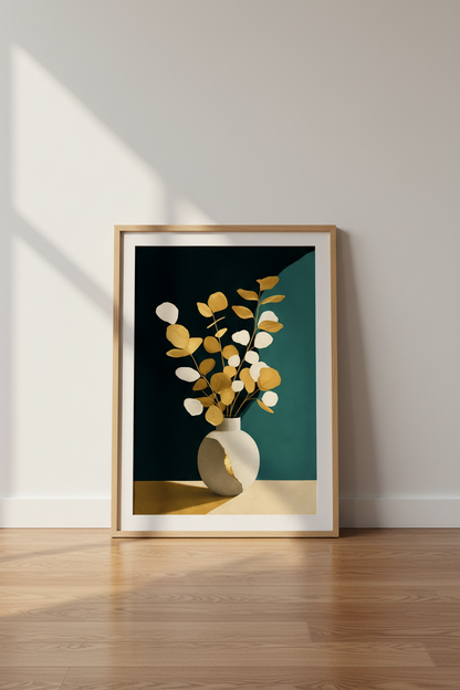 Gold Leaf Wall Art | Abstract Botanical, Teal Accents | Living Room Decor