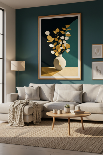 Gold Leaf Wall Art | Abstract Botanical, Teal Accents | Living Room Decor