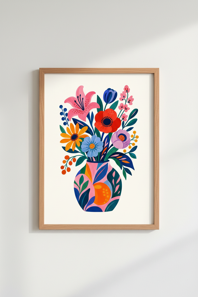 Colorful Floral Wall Art Print | Vibrant Botanical Vase, Modern Hand-Painted Room Decor