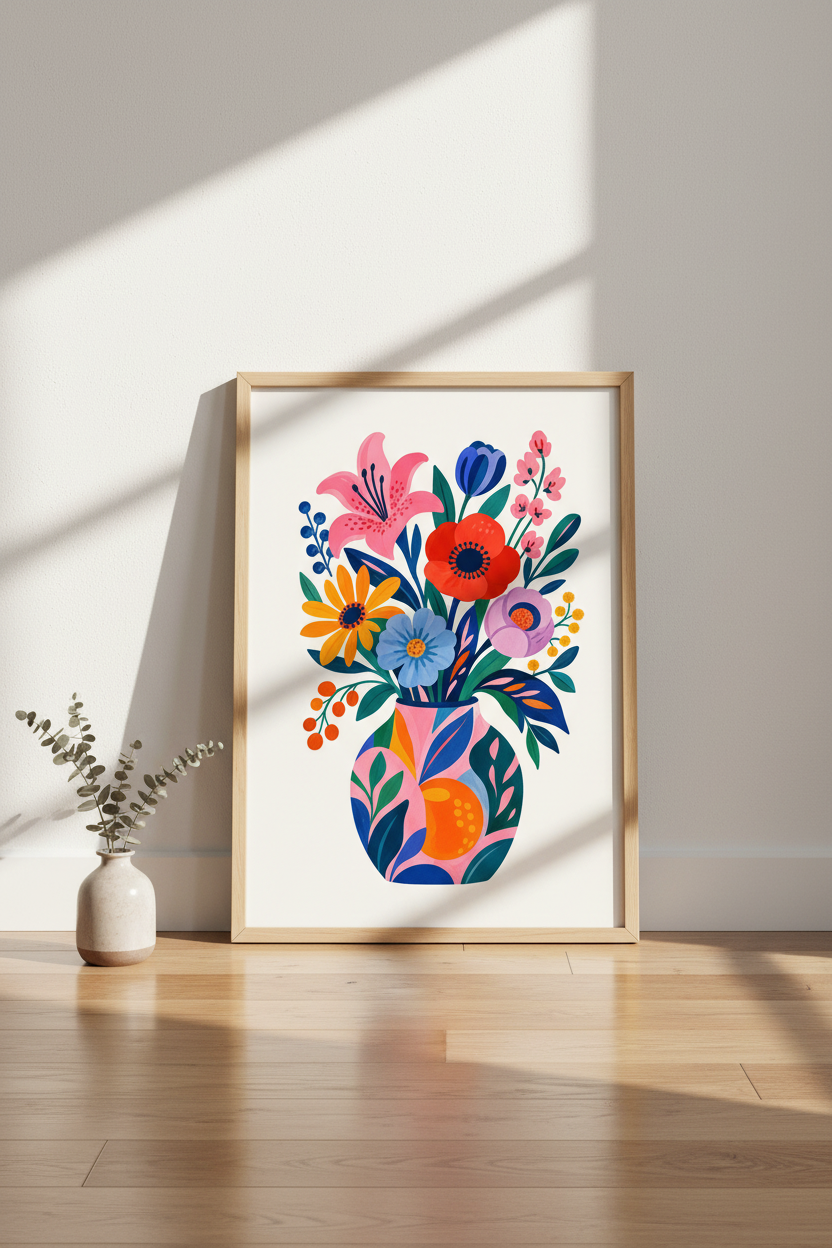 Colorful Floral Wall Art Print | Vibrant Botanical Vase, Modern Hand-Painted Room Decor