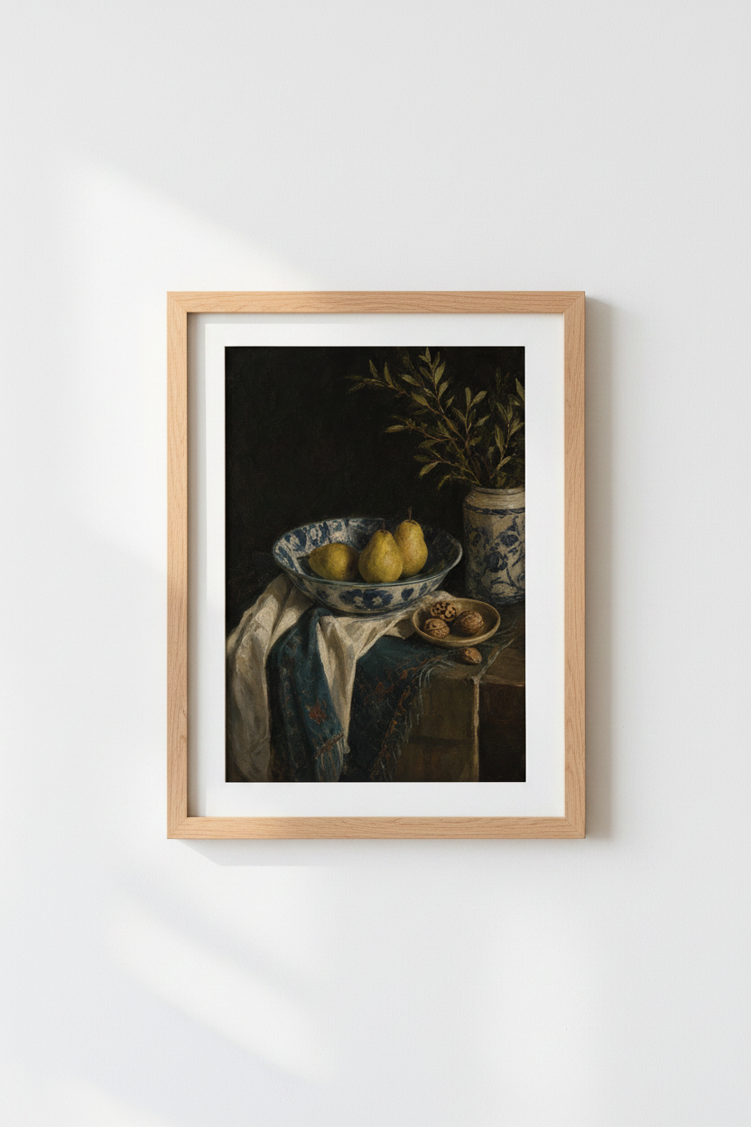 still life wall art | Classic dark pears in blue bowl | Living room decor