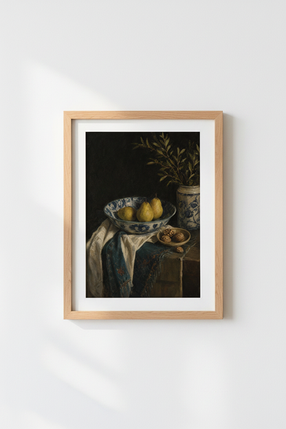 still life wall art | Classic dark pears in blue bowl | Living room decor