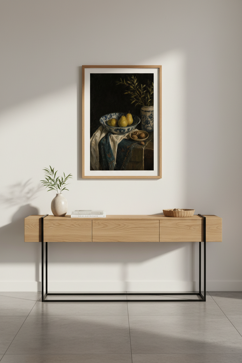 still life wall art | Classic dark pears in blue bowl | Living room decor