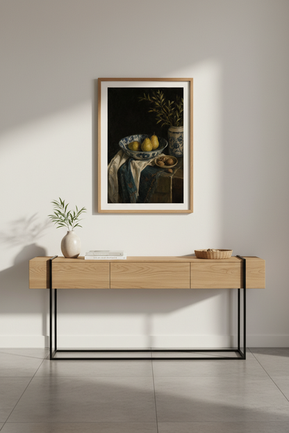 still life wall art | Classic dark pears in blue bowl | Living room decor