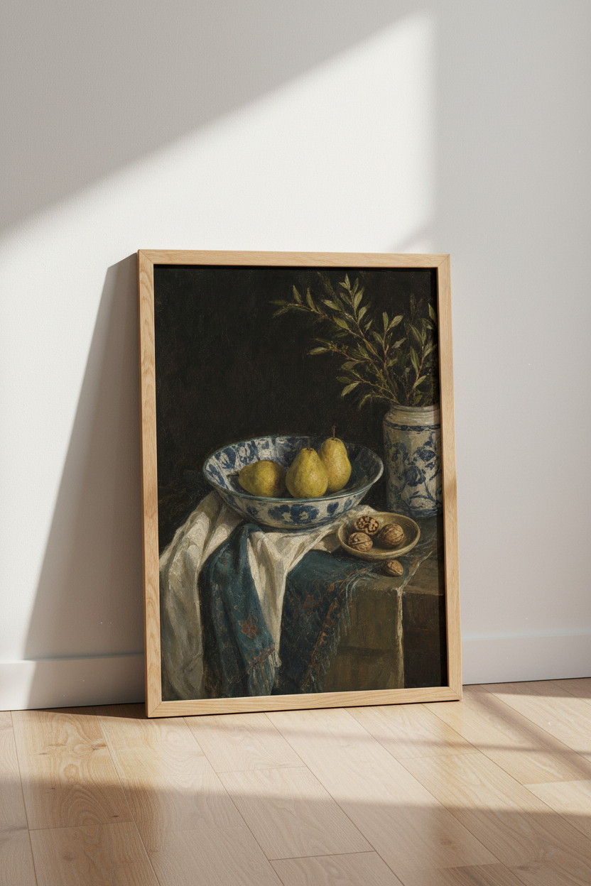 still life wall art | Classic dark pears in blue bowl | Living room decor