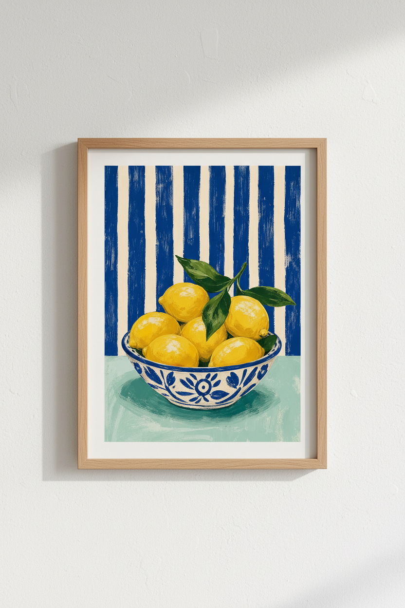 Lemon Bowl Wall Art | Mediterranean Blue Striped Poster, Kitchen Decor