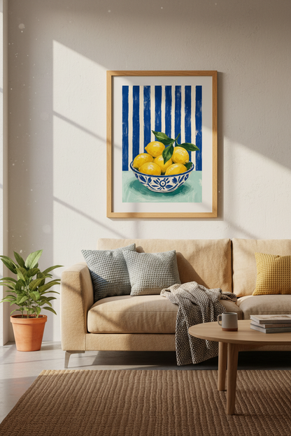 Lemon Bowl Wall Art | Mediterranean Blue Striped Poster, Kitchen Decor