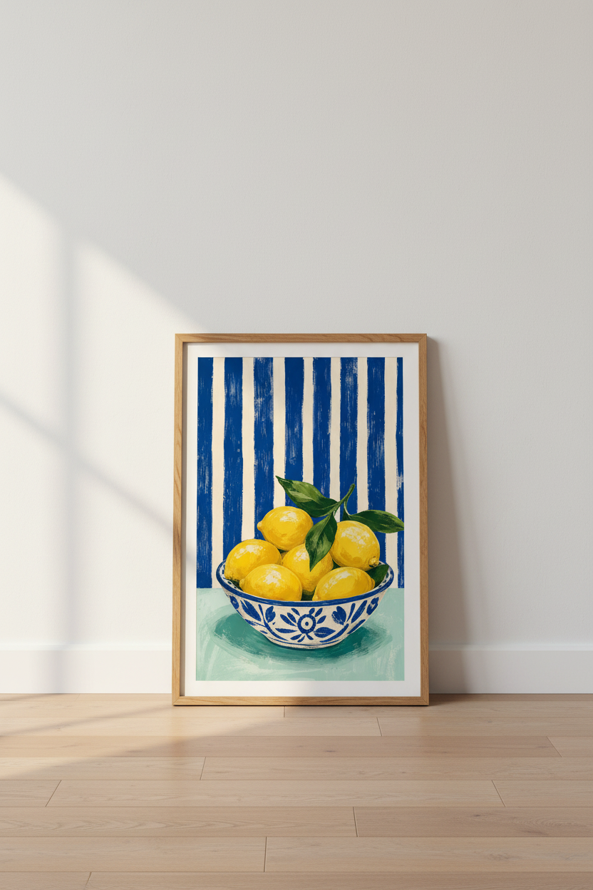 Lemon Bowl Wall Art | Mediterranean Blue Striped Poster, Kitchen Decor