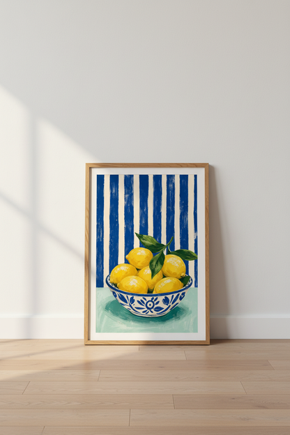 Lemon Bowl Wall Art | Mediterranean Blue Striped Poster, Kitchen Decor