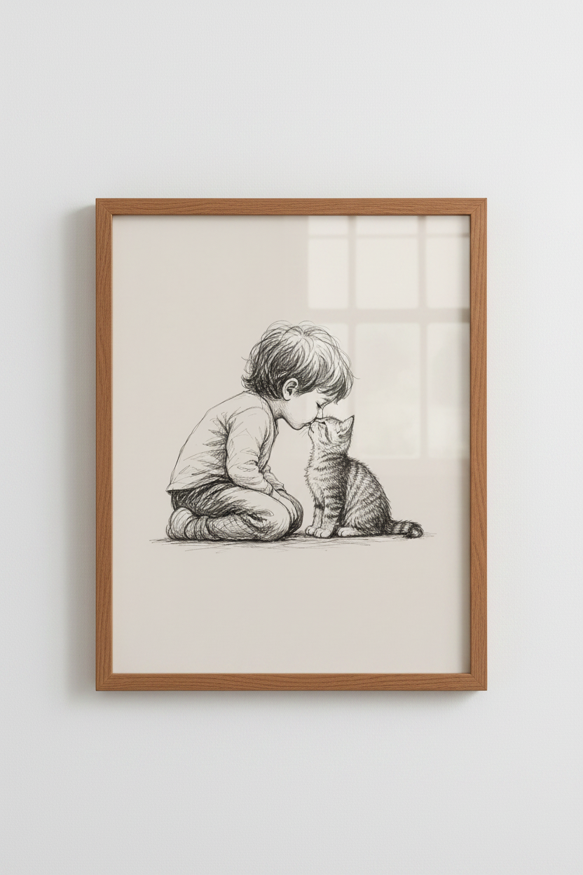 Boy and Kitten Sketch Wall Art | Nursery Decor | Minimalist Pencil Drawing Poster
