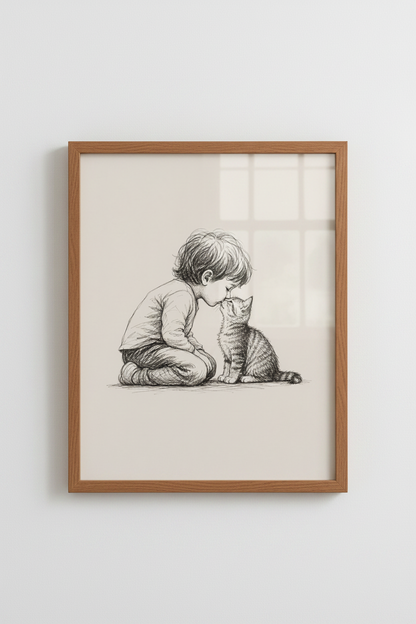Boy and Kitten Sketch Wall Art | Nursery Decor | Minimalist Pencil Drawing Poster
