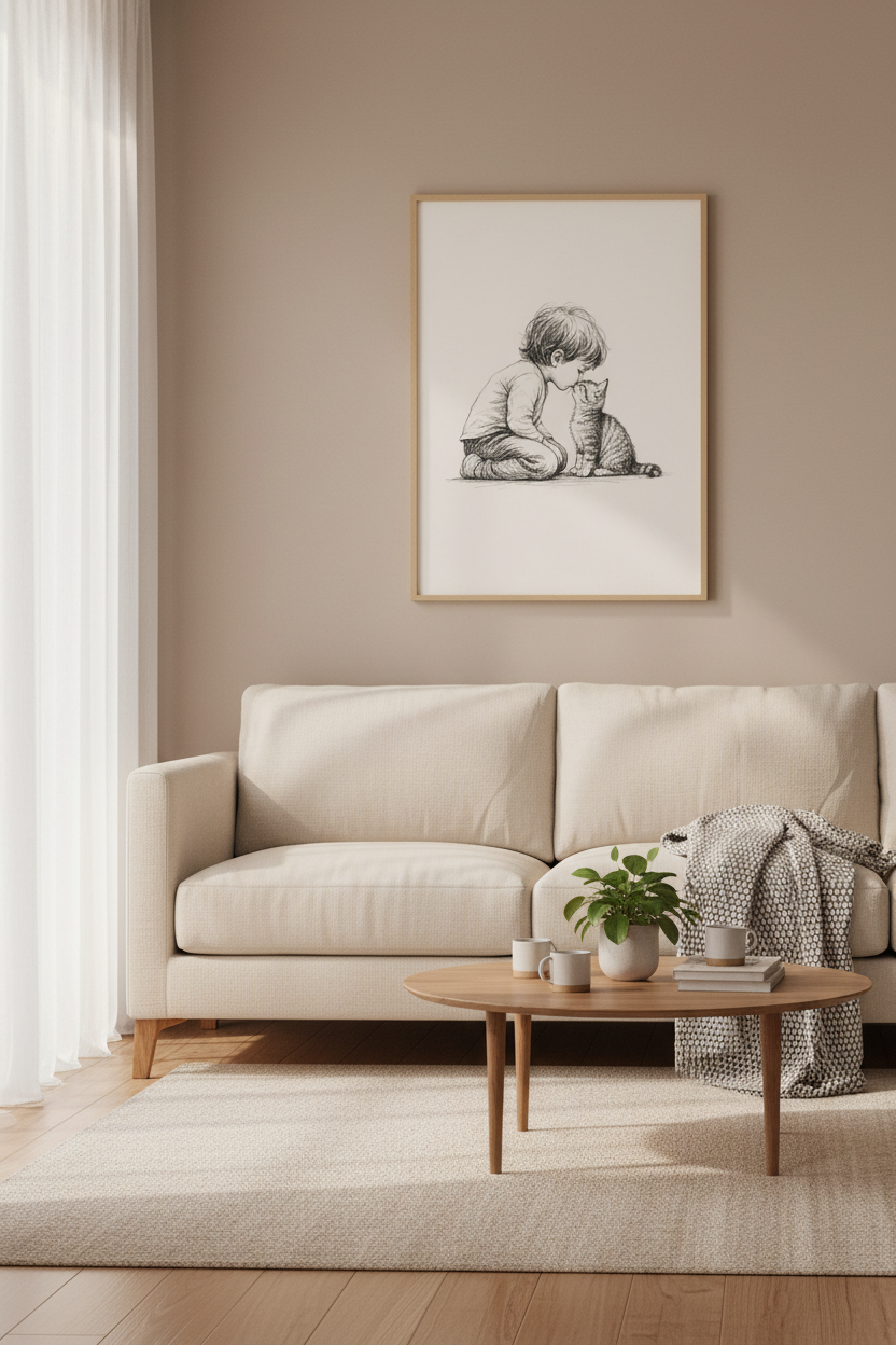 Boy and Kitten Sketch Wall Art | Nursery Decor | Minimalist Pencil Drawing Poster