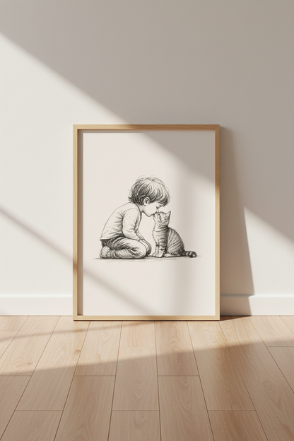 Boy and Kitten Sketch Wall Art | Nursery Decor | Minimalist Pencil Drawing Poster