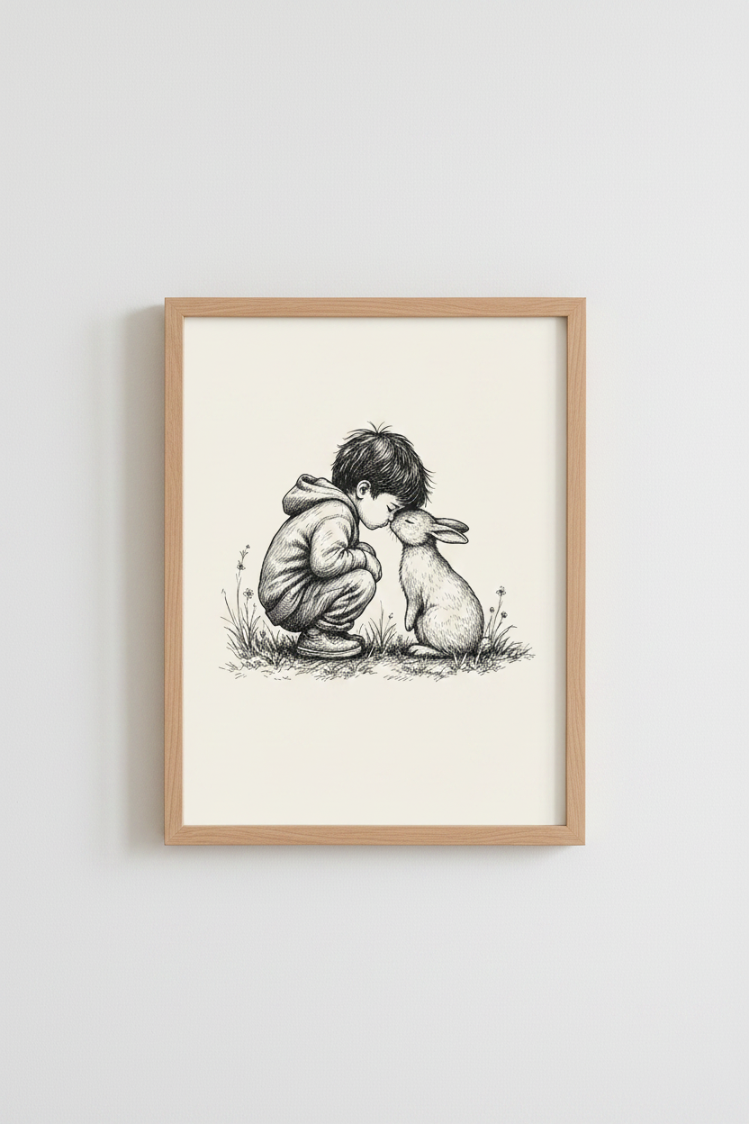 Boy and Bunny Rabbit Wall Art Print | Nursery Decor | Pen and Ink Sketch Poster