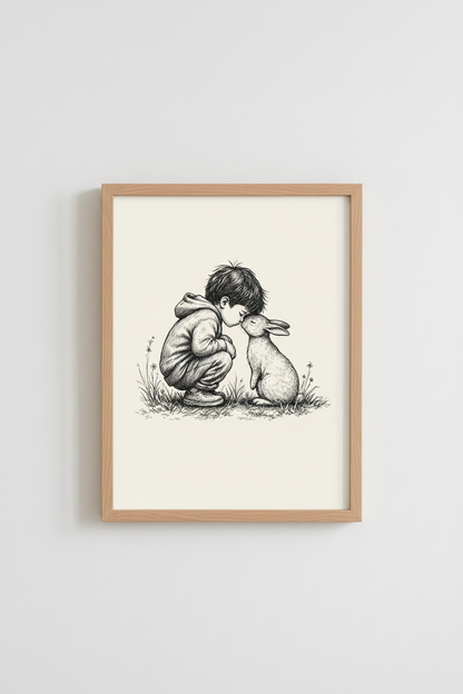 Boy and Bunny Rabbit Wall Art Print | Nursery Decor | Pen and Ink Sketch Poster