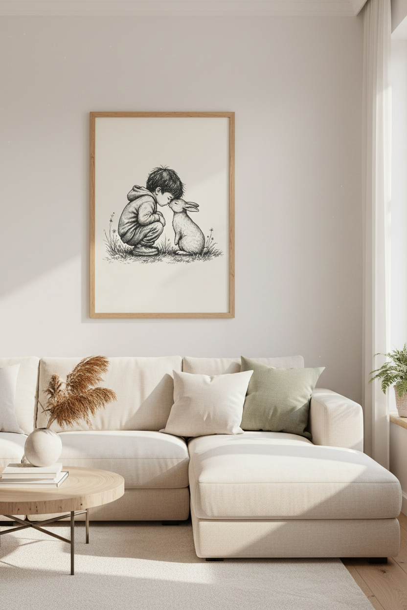 Boy and Bunny Rabbit Wall Art Print | Nursery Decor | Pen and Ink Sketch Poster