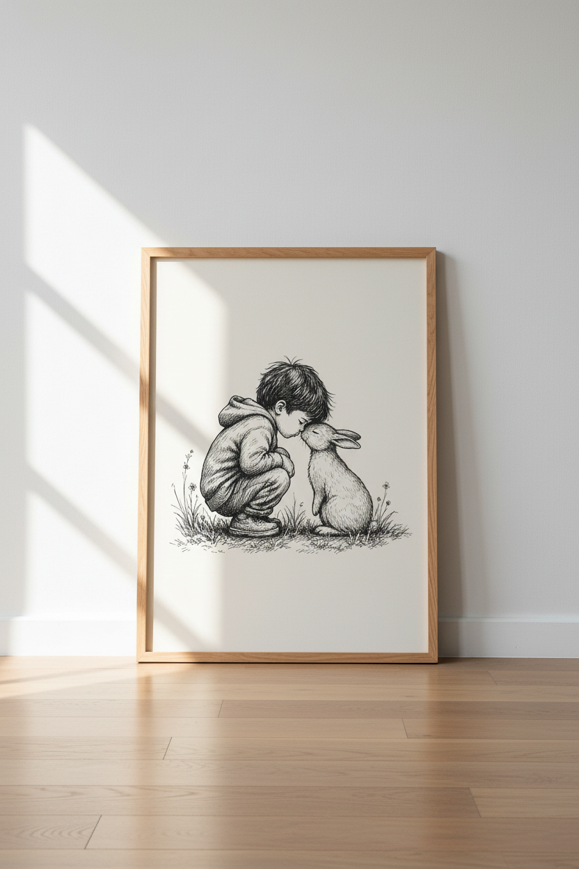 Boy and Bunny Rabbit Wall Art Print | Nursery Decor | Pen and Ink Sketch Poster