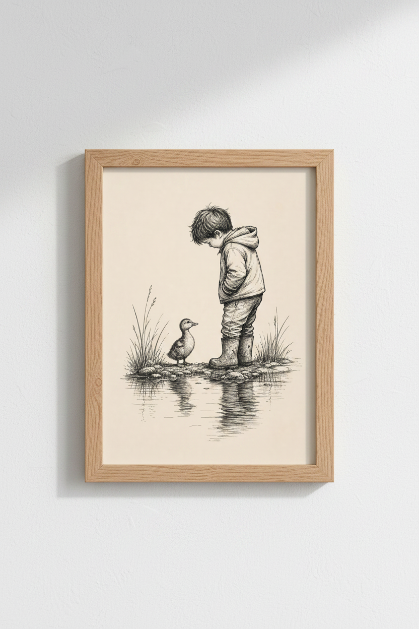 Little Boy &amp; Duckling Sketch | Vintage Ink Style, Nursery &amp; Kids Room Decor