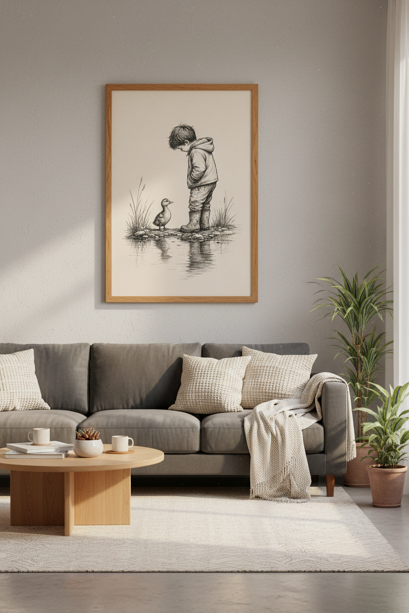 Little Boy &amp; Duckling Sketch | Vintage Ink Style, Nursery &amp; Kids Room Decor