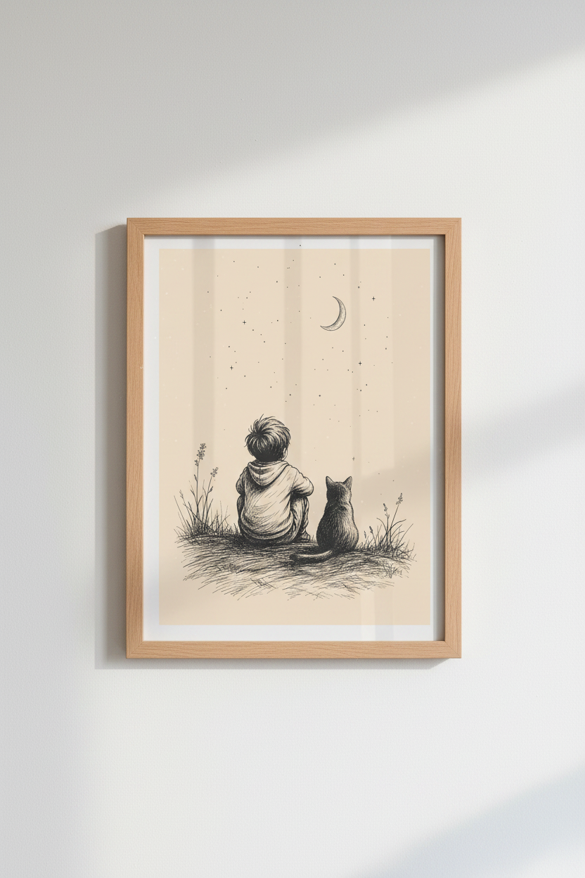 Boy and Cat Under Moon Art | Vintage Sketch Night Sky Poster | Nursery Decor