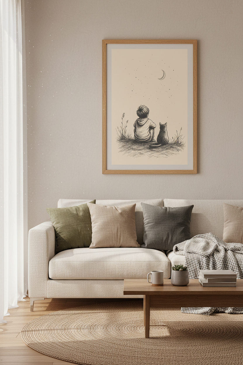 Boy and Cat Under Moon Art | Vintage Sketch Night Sky Poster | Nursery Decor
