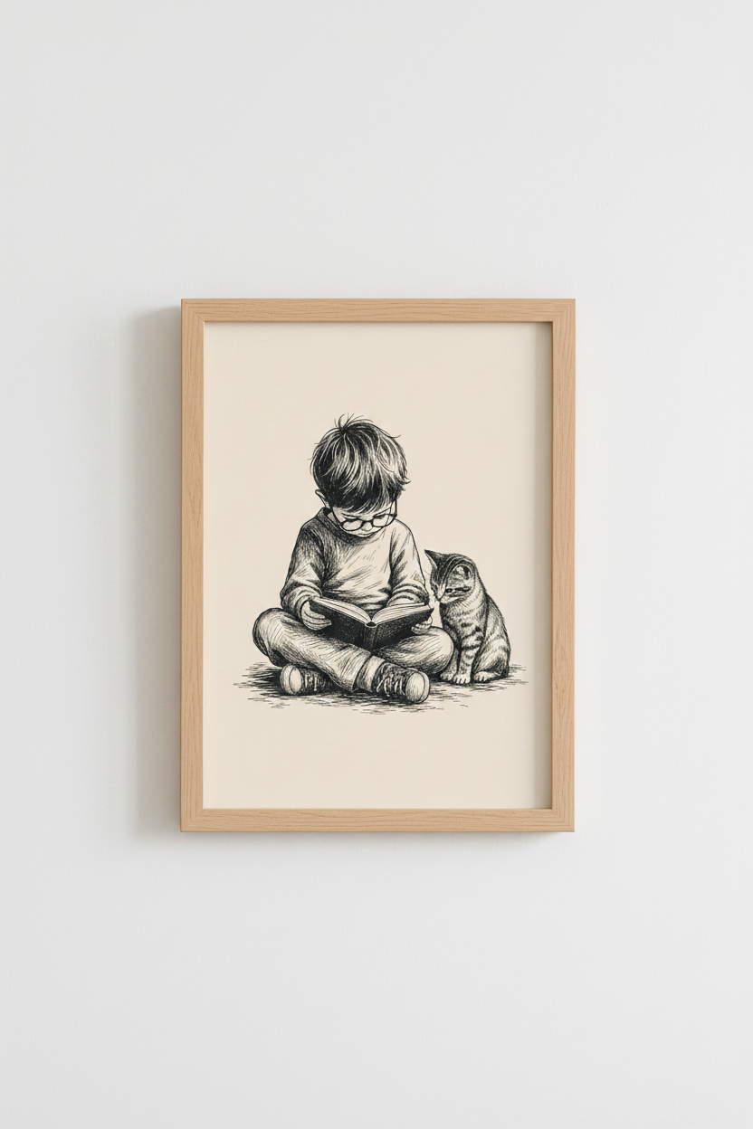 Boy and Cat Reading Wall Art | Nursery Ink Sketch, Vintage Book Decor