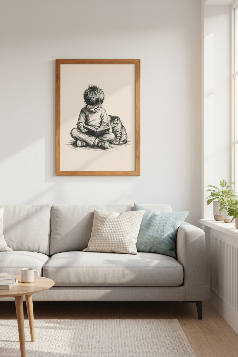 Boy and Cat Reading Wall Art | Nursery Ink Sketch, Vintage Book Decor