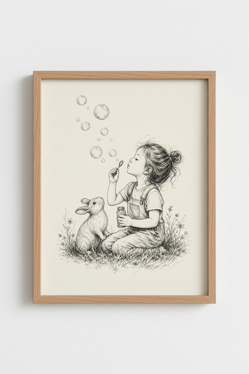 Girl Blowing Bubbles &amp; Bunny Art | Vintage Ink Sketch, Nursery Decor Poster