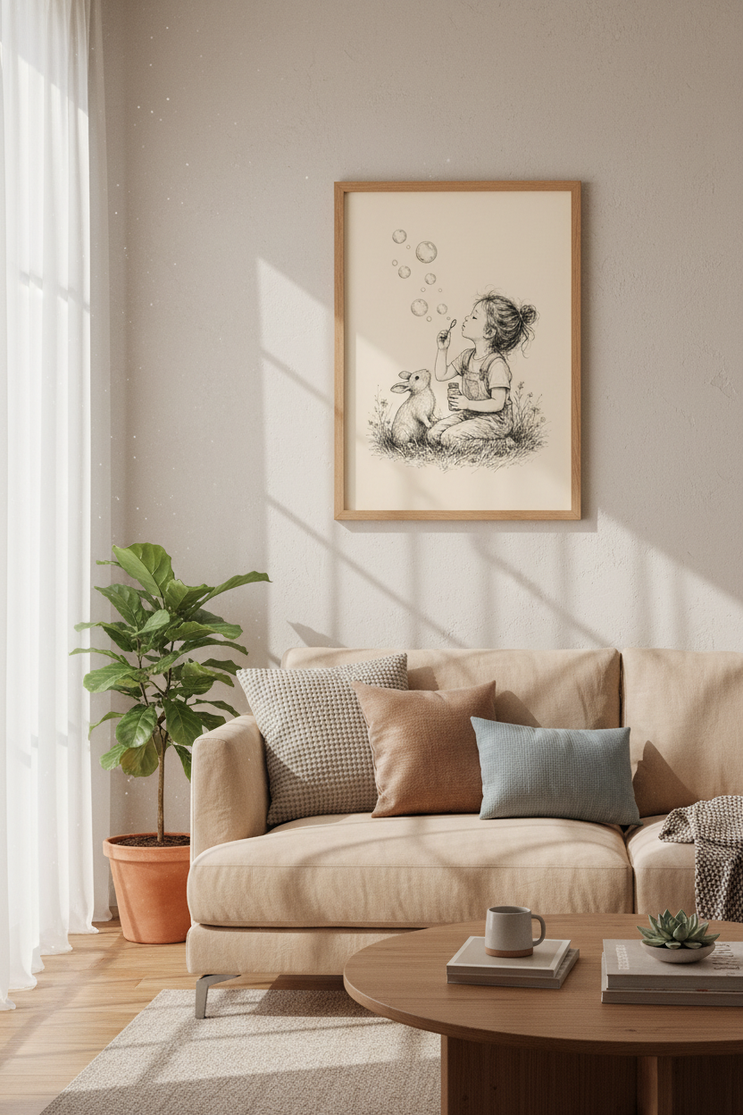 Girl Blowing Bubbles &amp; Bunny Art | Vintage Ink Sketch, Nursery Decor Poster