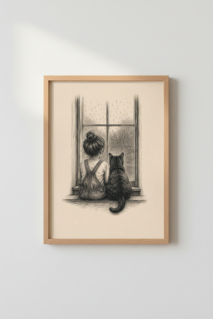 Girl and Cat Window Sketch | Ink Style Neutral Art, Nursery &amp; Bedroom Decor