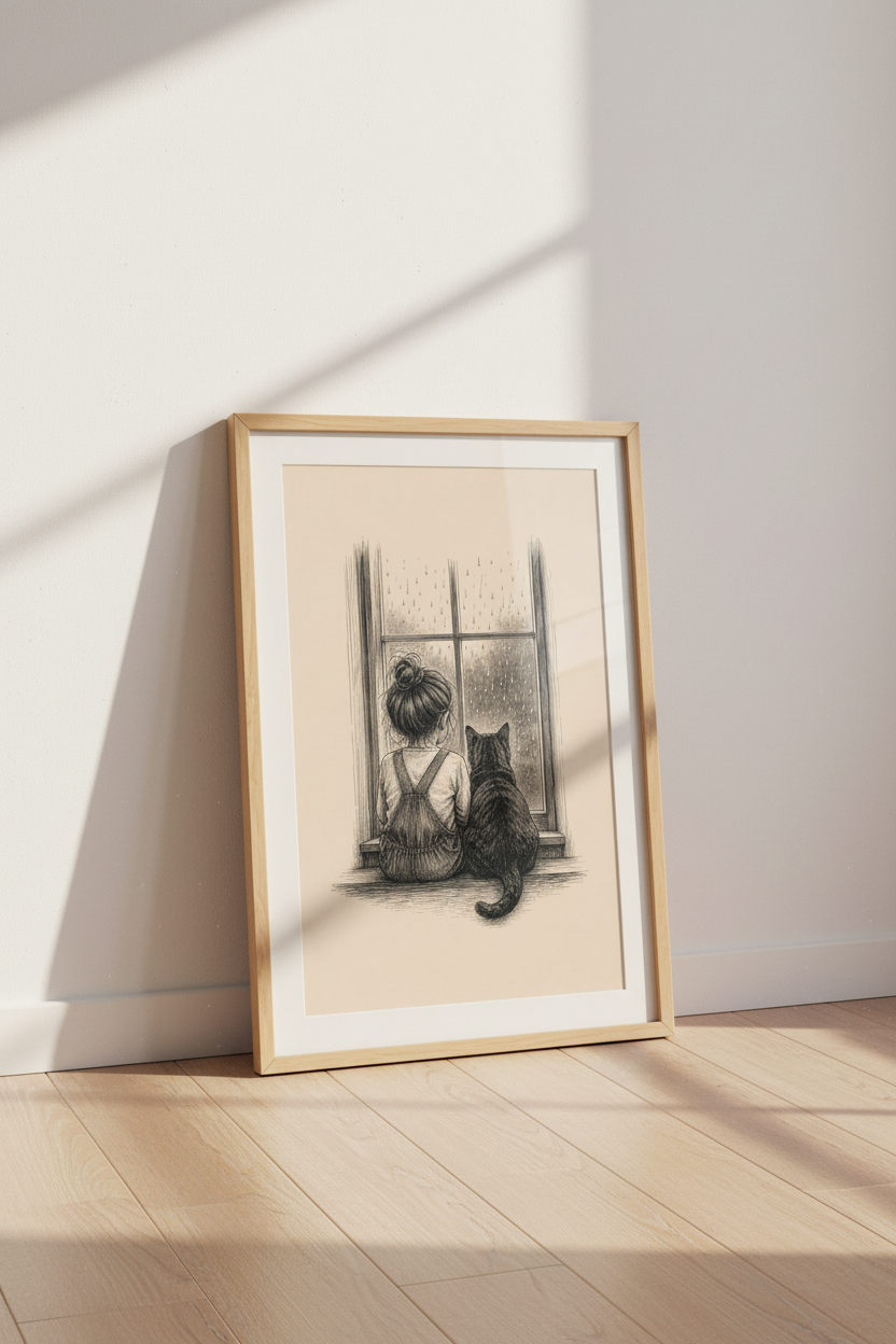 Girl and Cat Window Sketch | Ink Style Neutral Art, Nursery &amp; Bedroom Decor