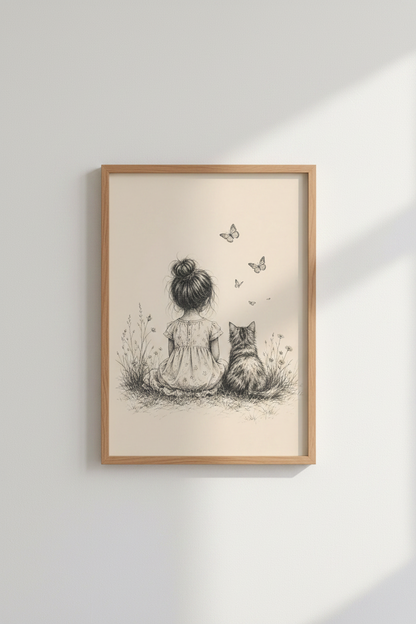 Girl and Cat Butterfly Sketch | Whimsical Ink Art, Nursery Decor Poster