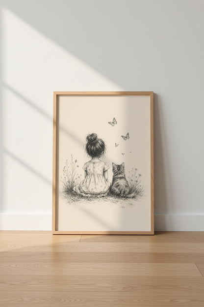 Girl and Cat Butterfly Sketch | Whimsical Ink Art, Nursery Decor Poster