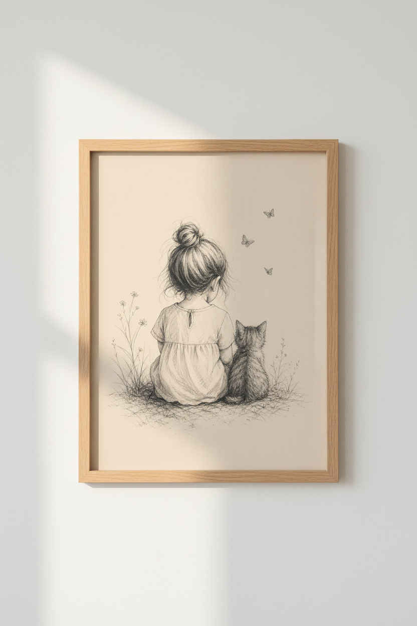 Girl &amp; Cat Sketch Wall Art | Whimsical Nursery Decor | Minimalist Pencil Poster