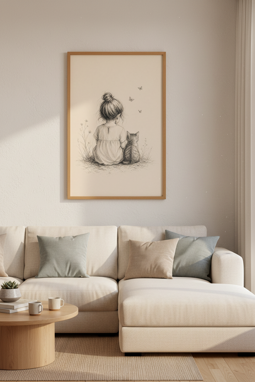 Girl &amp; Cat Sketch Wall Art | Whimsical Nursery Decor | Minimalist Pencil Poster