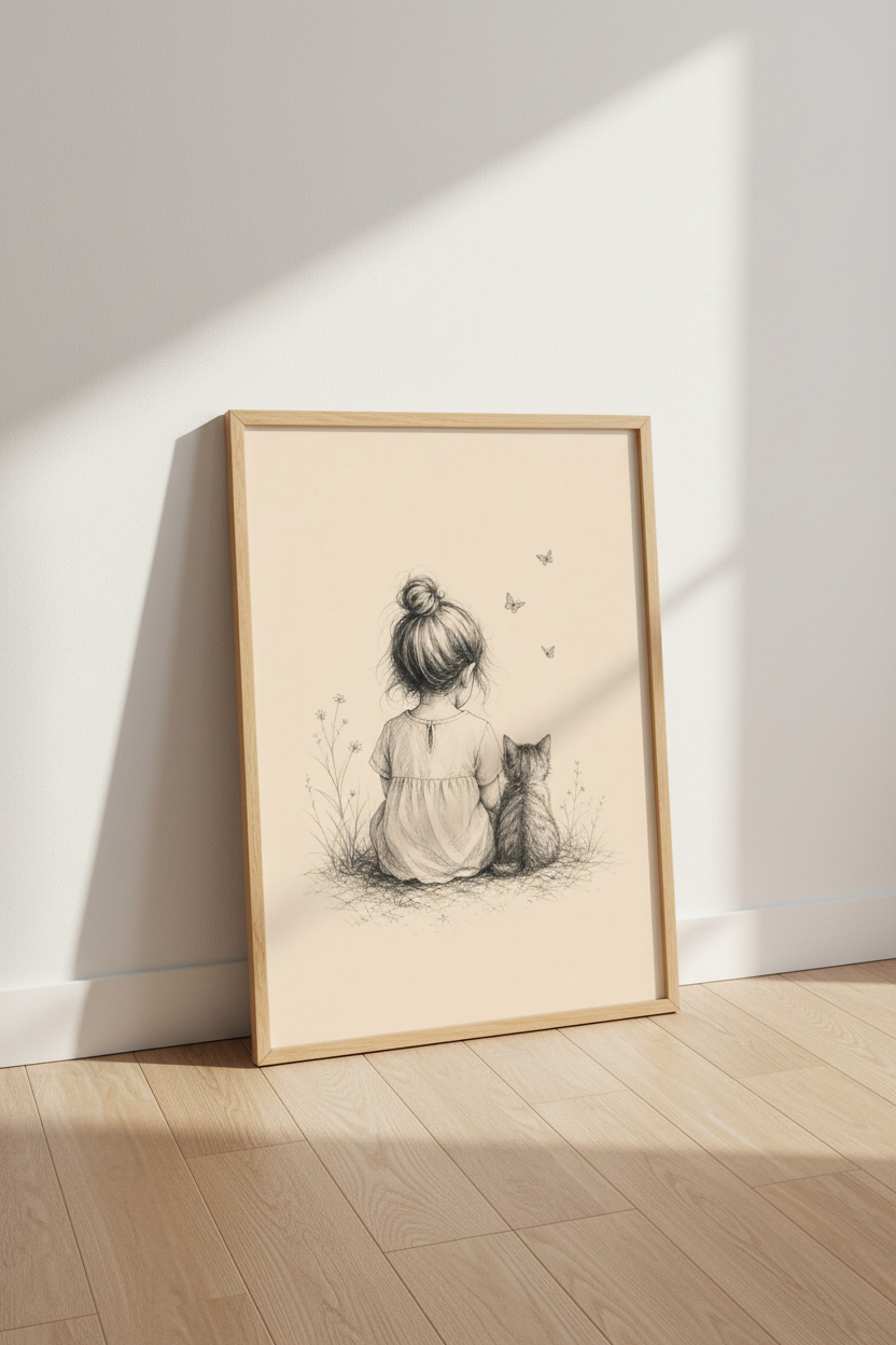 Girl &amp; Cat Sketch Wall Art | Whimsical Nursery Decor | Minimalist Pencil Poster