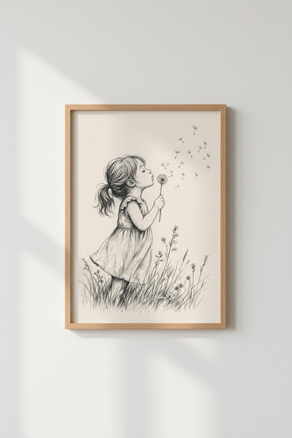 Girl Blowing Dandelion Sketch | Ink Drawing Print, Nursery &amp; Kids Room Decor Art