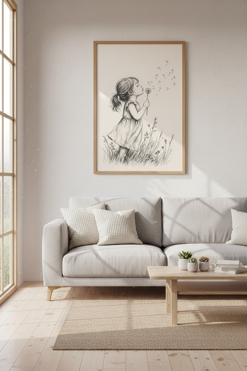 Girl Blowing Dandelion Sketch | Ink Drawing Print, Nursery &amp; Kids Room Decor Art