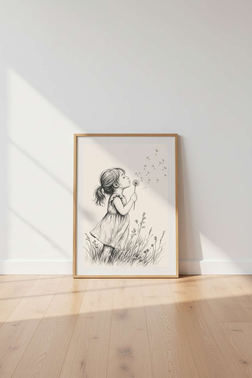 Girl Blowing Dandelion Sketch | Ink Drawing Print, Nursery &amp; Kids Room Decor Art