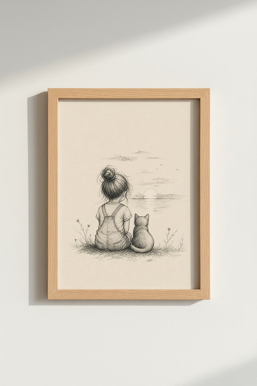 Girl and Cat Sunset Sketch | Neutral Pencil Drawing, Nursery &amp; Bedroom Decor