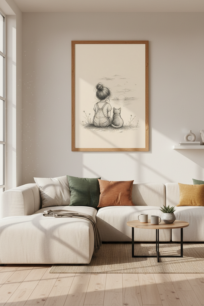 Girl and Cat Sunset Sketch | Neutral Pencil Drawing, Nursery &amp; Bedroom Decor